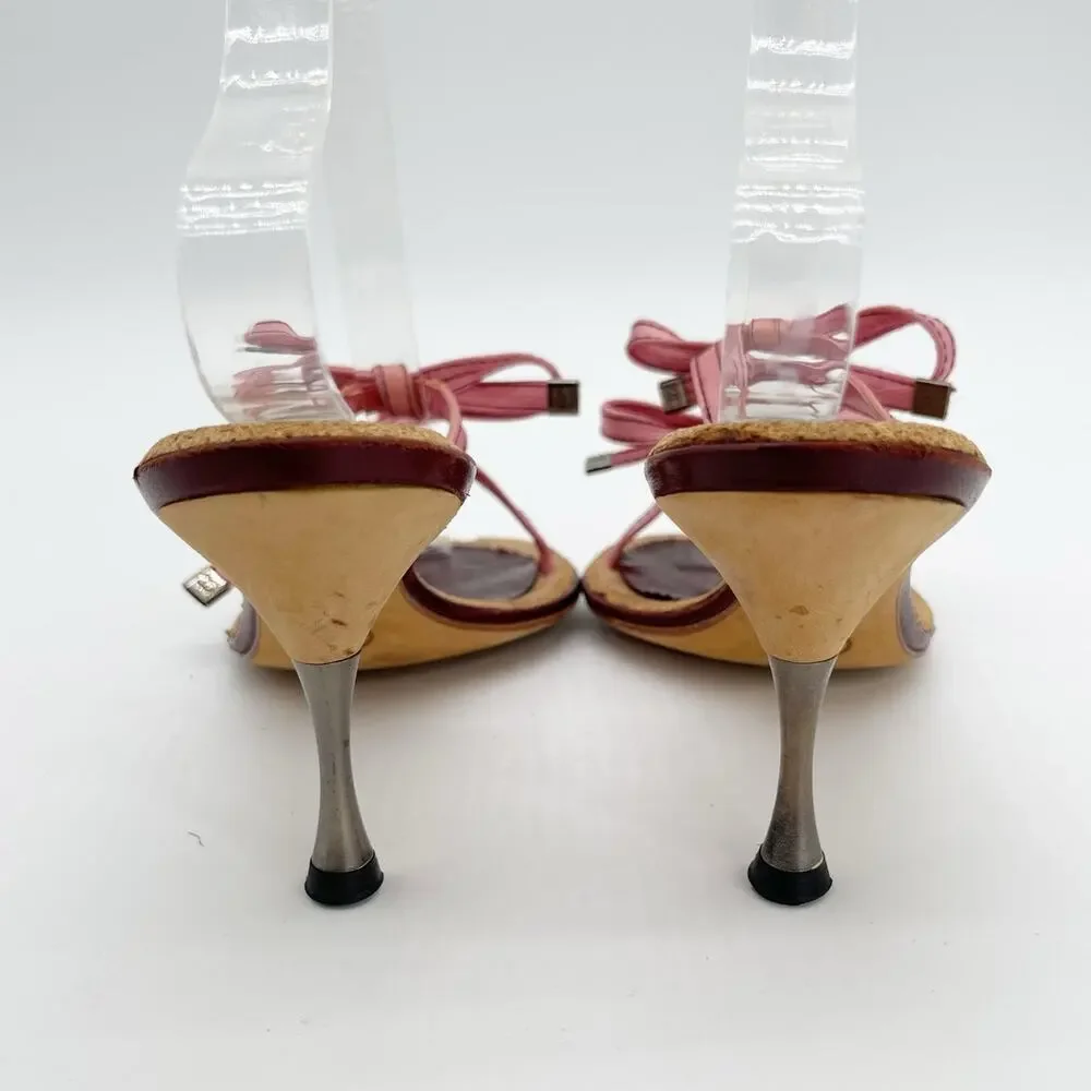 Chanel Vintage Pink Double Strap Satin Bow Cork Sole Slide Sandal Heels EU 37.5